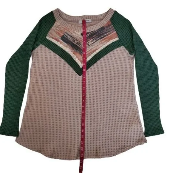 Ces Femme Women's Knit Green/Tan Color Block Long Sleeve Pullover Sweater Small - Picture 9 of 11